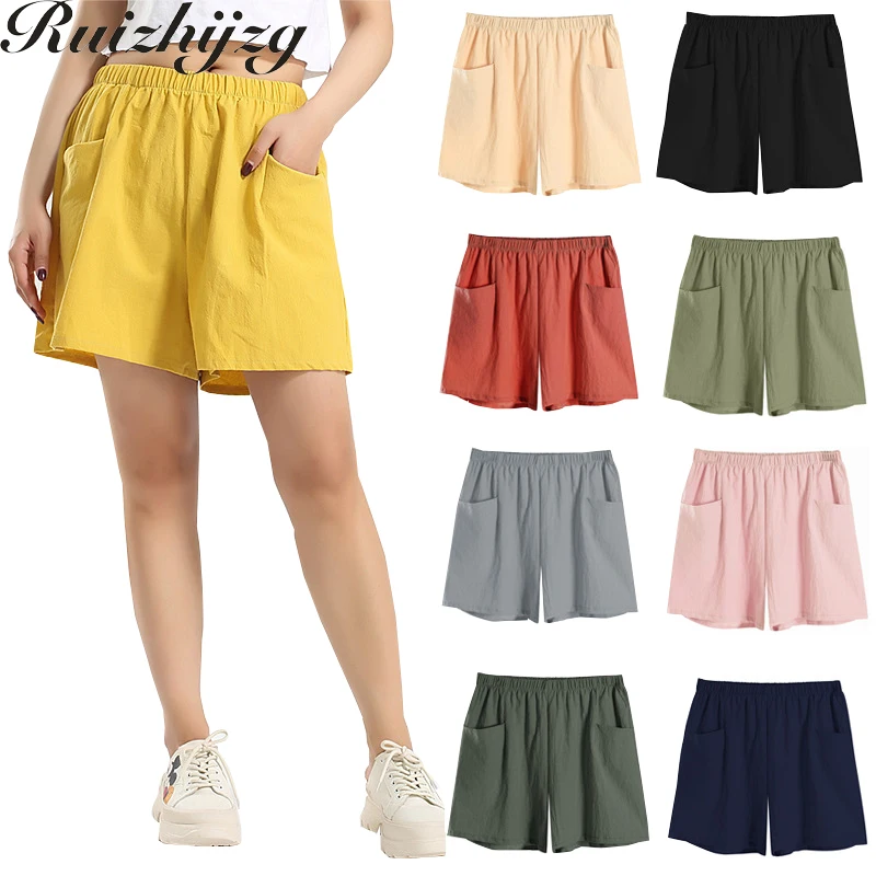 

Ruizhijzg Summer Shorts with pockets Casual Elastic High Waist Women Ladies Cotton Linen Loose Wide Leg Short Pant Plain Color K