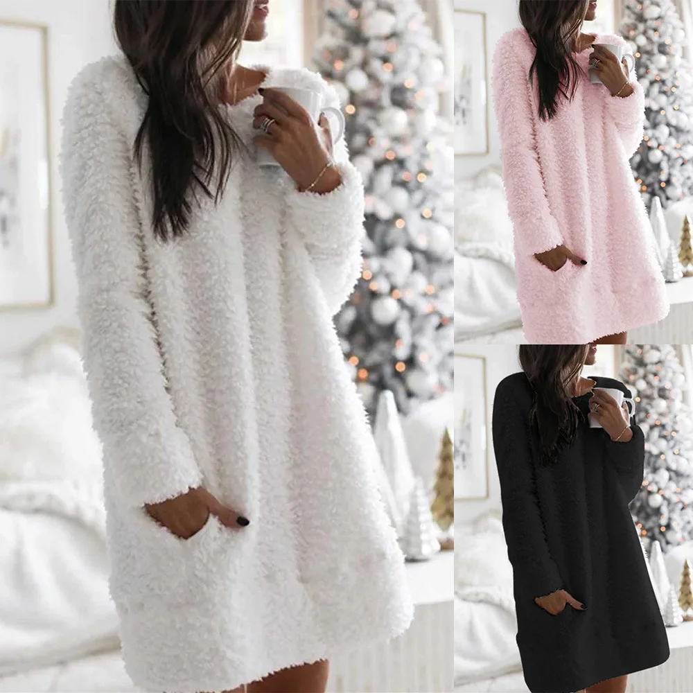 

New Knitted Sweater Dress Women Casual Autumn Dress Loose Pullover Solid Color Long Sleeve Knitting Mini Vestidos Plus Size