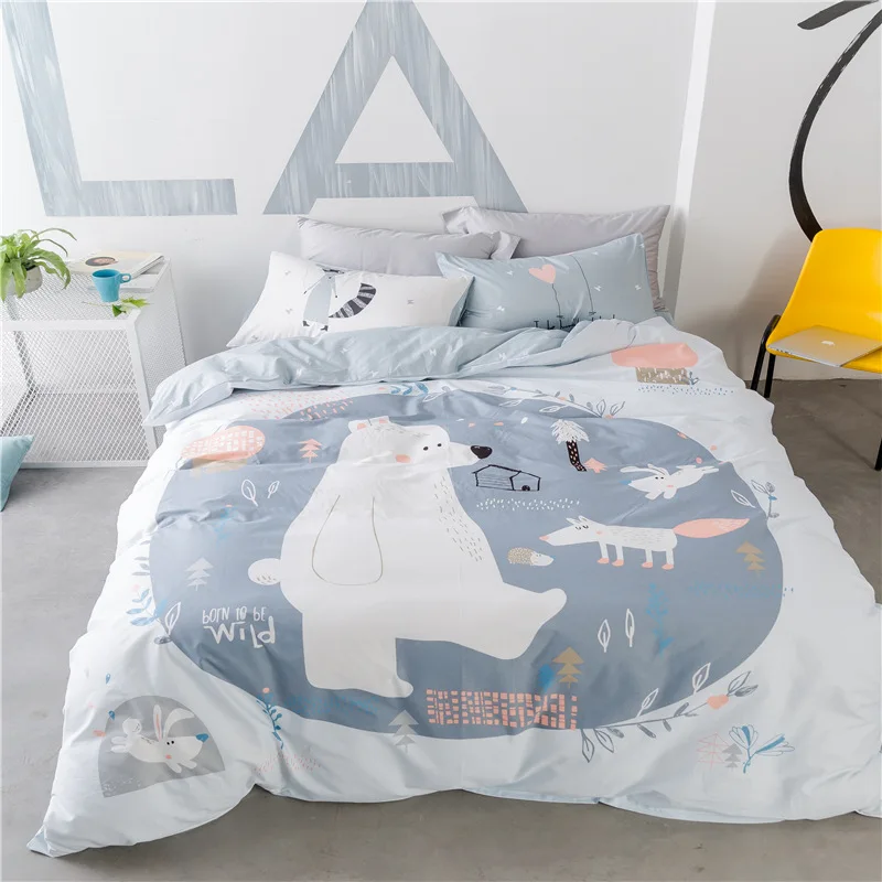 Cute White Fox Bear Printed Bedding Set Kids Duvet Cover Queen 100% Cotton Bedlinen Pillowcases Comforter Cover Queen 1.5m Bed