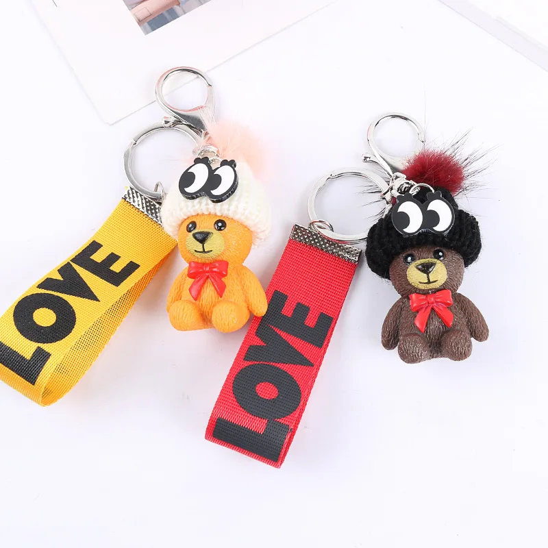 

Cute Keychain Creative Plush Hats Bear Key Chain Personality Car Key Pendant Couple Gift Ladies Keychain Charms