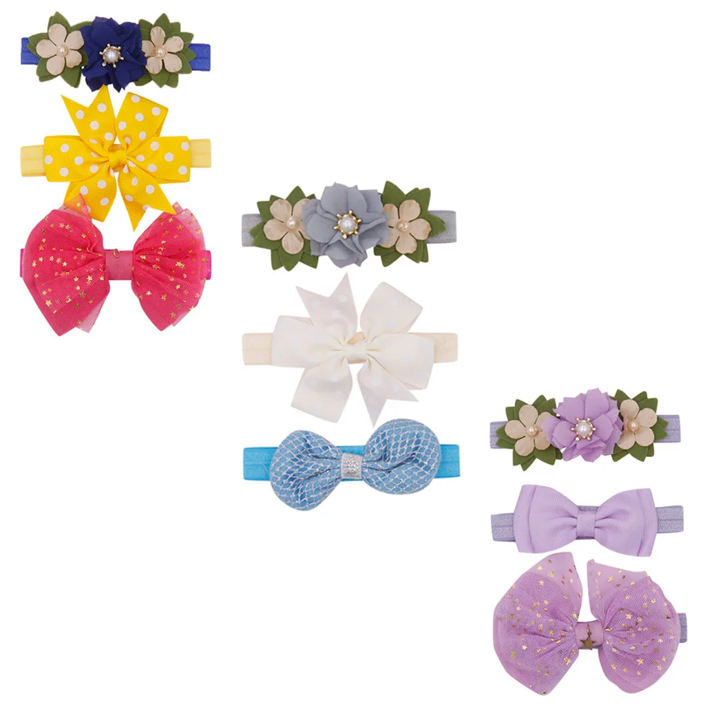 

LONSANT Hair Accessories 3Pcs Kids Elastic Floral Headband Hair Girls baby Bowknot Hairband Set flowers kids color Headwear 2020