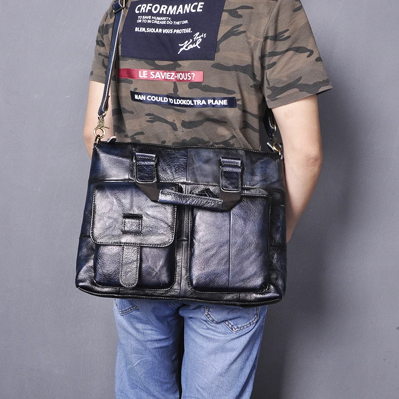 Men Original Real Leather Blue Fashion Business Briefcase 15&quot Laptop Case Attache Portfolio Bag One Shoulder Messenger B260 | Багаж и