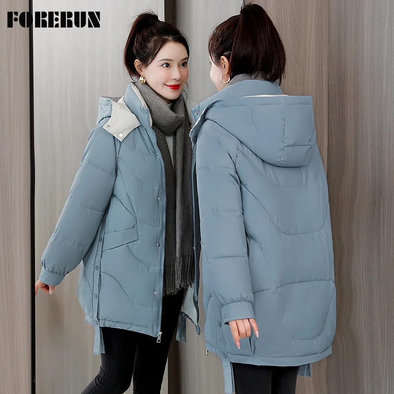 

FORERUN длинная куртка-пуховик женская зимняя куртка с капюшоном и хлопковой подкладкой ветрозащитная парка в Корейском стиле теплая верхняя ...