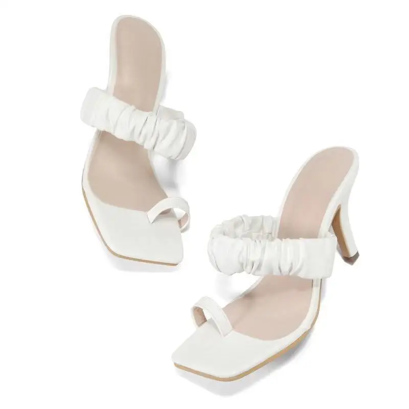 

2021 new large white high heeled shoes clip foot button sandal women's straight