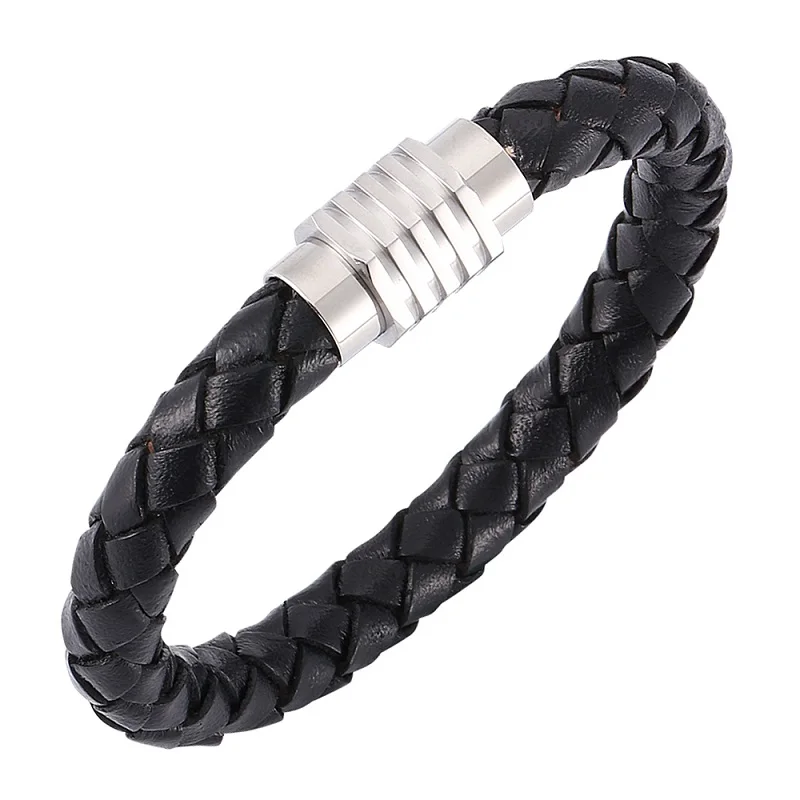 Мужской плетеный кожаный браслет 8 мм из нержавеющей стали с магнитной застежкой