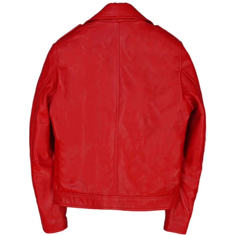 Chaqueta y abrigo de cuero genuino para motocicleta para mujer, cuello vuelto, rojo y negro, xxxxl, 3xl, 4xl, novedad de 2021