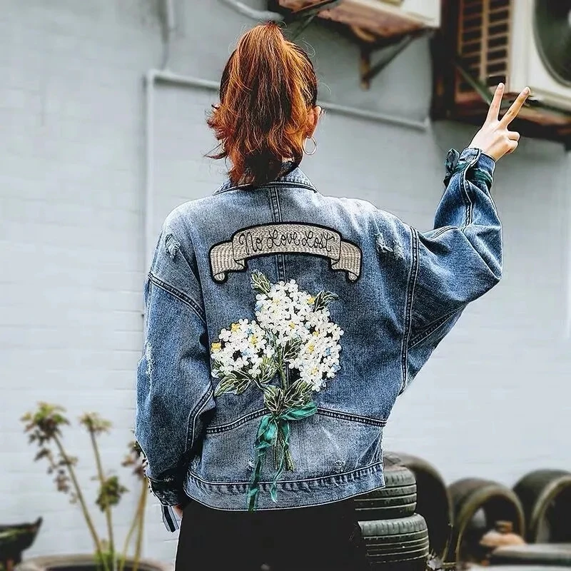 

Embroidery Full sleeve Ripped denim jacket Women Korean Style Printing Polo collar Coat Spring Single Breasted Big size jacket