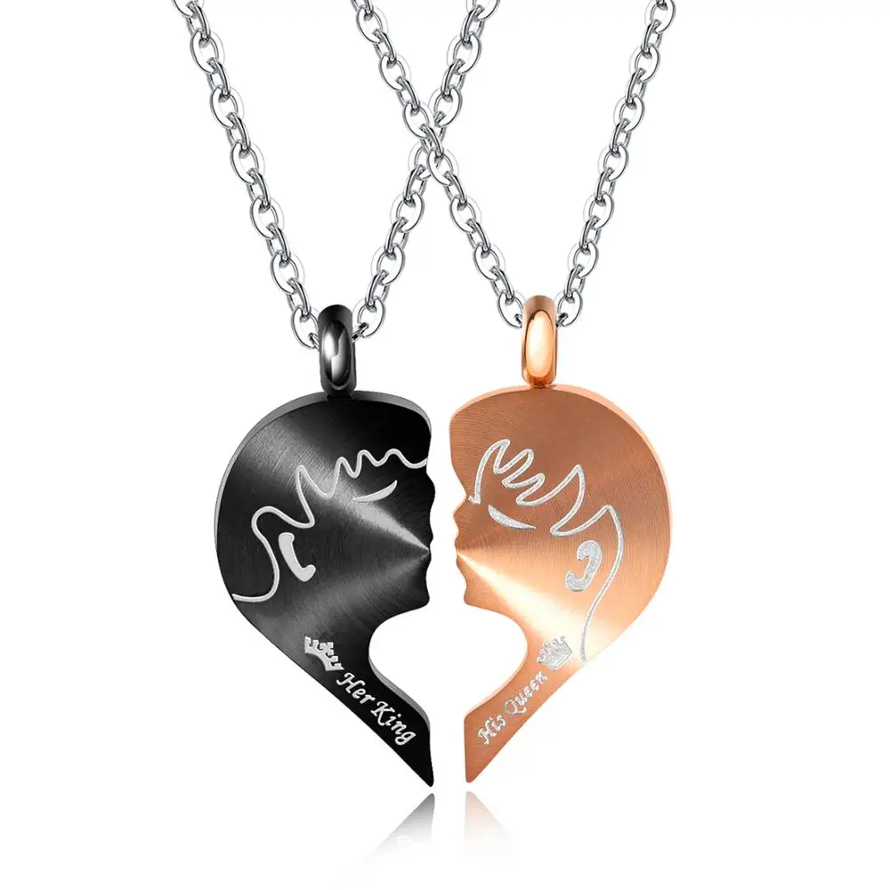 

2Pcs/Set Engraving Lover Face Gold Her King His Queen Heart Shaped Pendant Necklaces For Couples Women Men Lovers Jewelry Gift