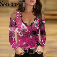 2021 sexy off shoulder t shirt lace patchwork long sleeve t shirt summer ladies pullover tops rose print v neck tee shirt female