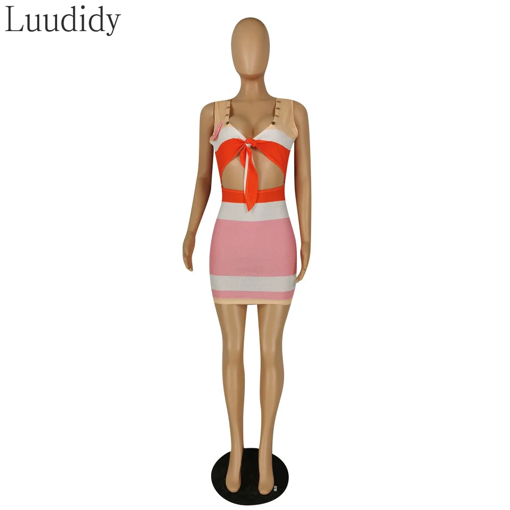 

Plus Size 3XL Sexy Colorblock Cut Out Sleeveless Knotted Design Bodycon Dress