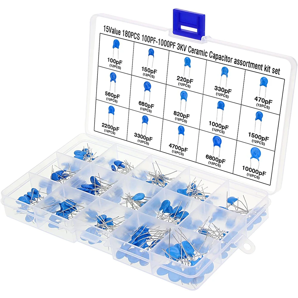

180PCS/Lot 15 Values High Voltage DIP Ceramic Capacitor Assortment Kit Range 100PF-10000PF 1KV Assorted Capacitance Pack