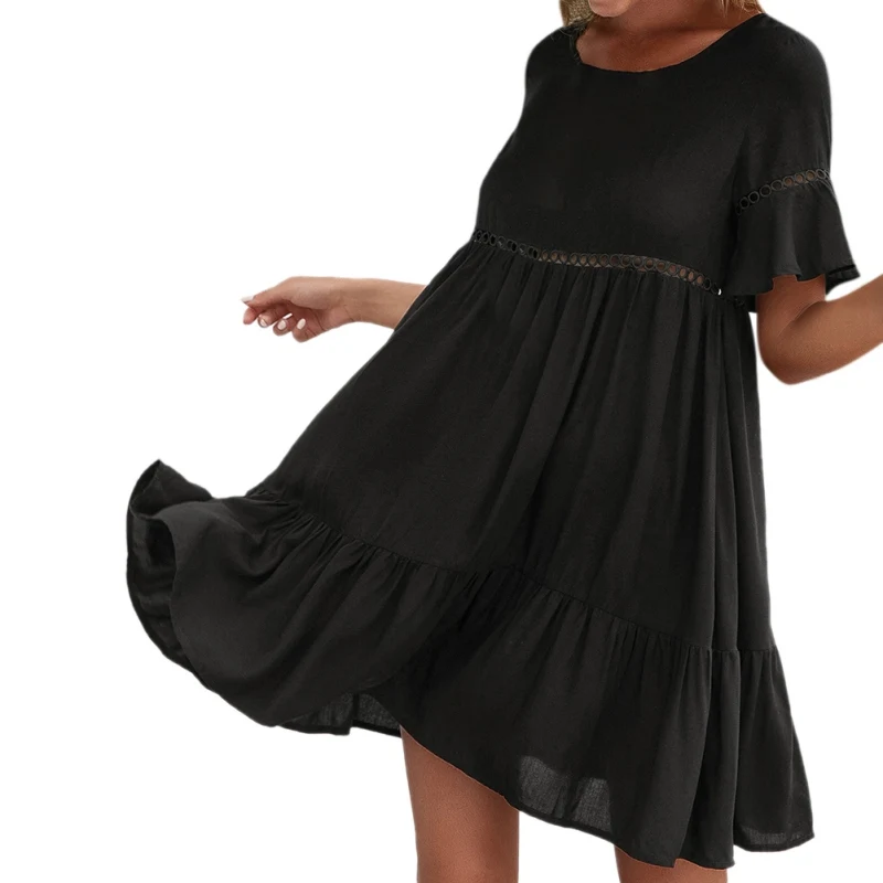 

Summer Women Bohemian Breeze Dress Hollow Casual Solid Color Short-sleeved VestidosLadies Dress Femme vestidos de mujer