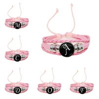 26 letter a z glass snap metal bead bracelet id name girls friendship pink braided leather bracelet for women family gifts