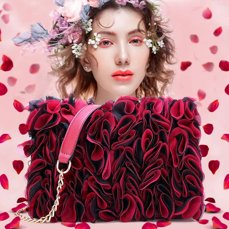 Women New Fashion Lace Pleated Flowers Elegant Handbags Shoulder Bag Crossbody Bag Party Club Red Wedding Bride Evening Bags
