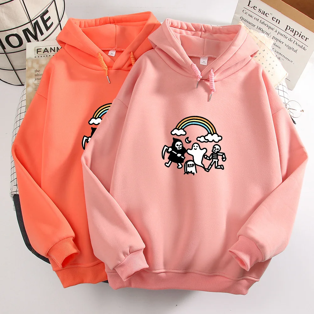 Harajuku Rainbow Hoodie Skull Print Clothing Oversized Sweatshirt Casual Pullover Winter Woman Hoodies Cute Sweetshirt for Girls