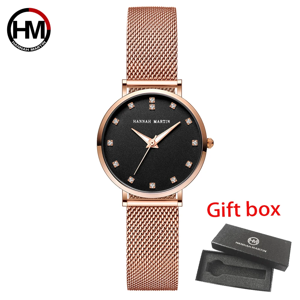 

Hannah Martin Japan MIYOTA 2035 Quartz Movement Ladies Watches Stainless Steel Mesh Strap Rose Gold Waterproof Watches For Women