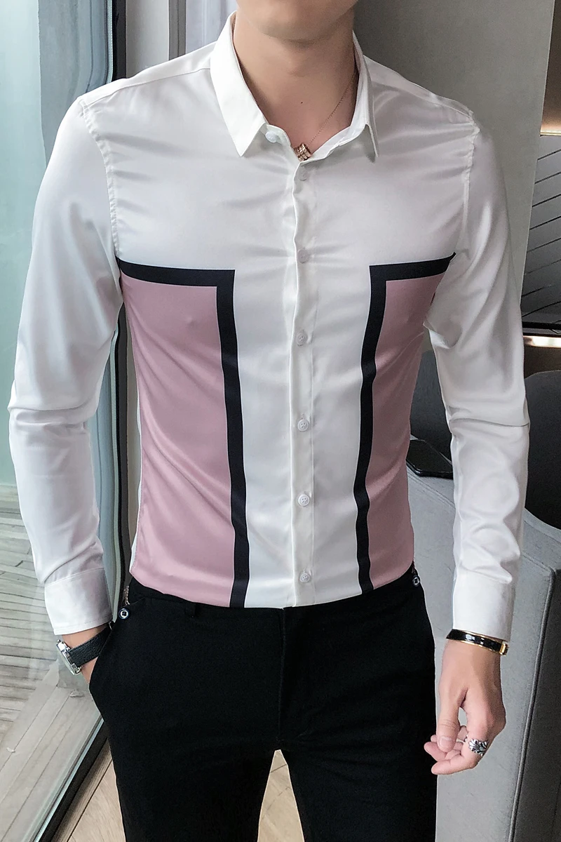 

Autumn New Patchwork Color Shirt Men Fashion 2020 Simple Long Sleeve Mens Casual Shirts All Match Slim Fit Tuxedo Dress 3XL-M