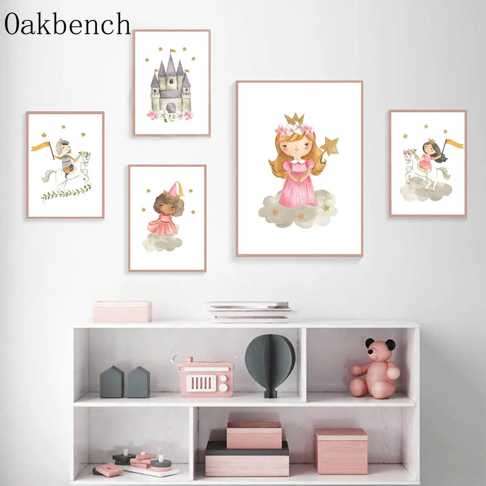 Принцесса замок детская фотография стена искусство холст Звезда Лошадь живопись