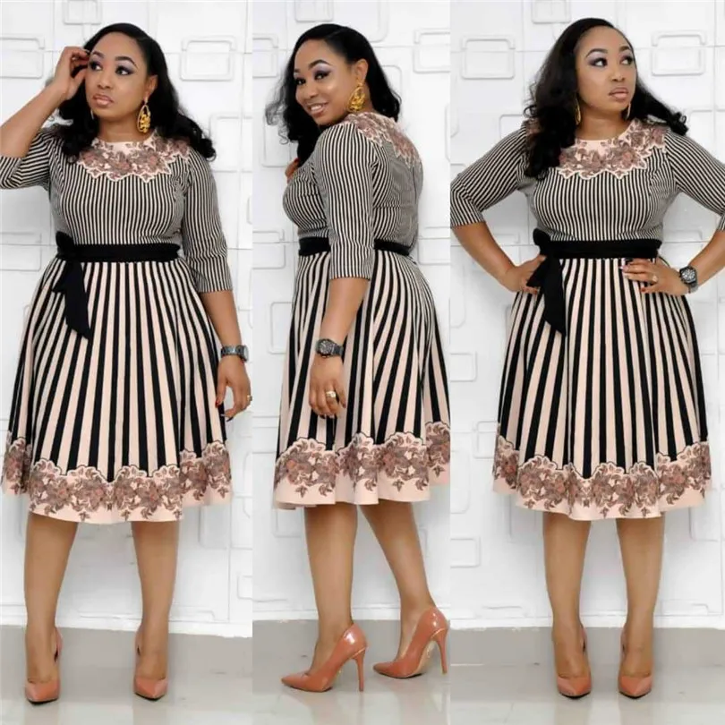 2019 африканские женские миди платья в полоску с цветочным принтом размера плюс