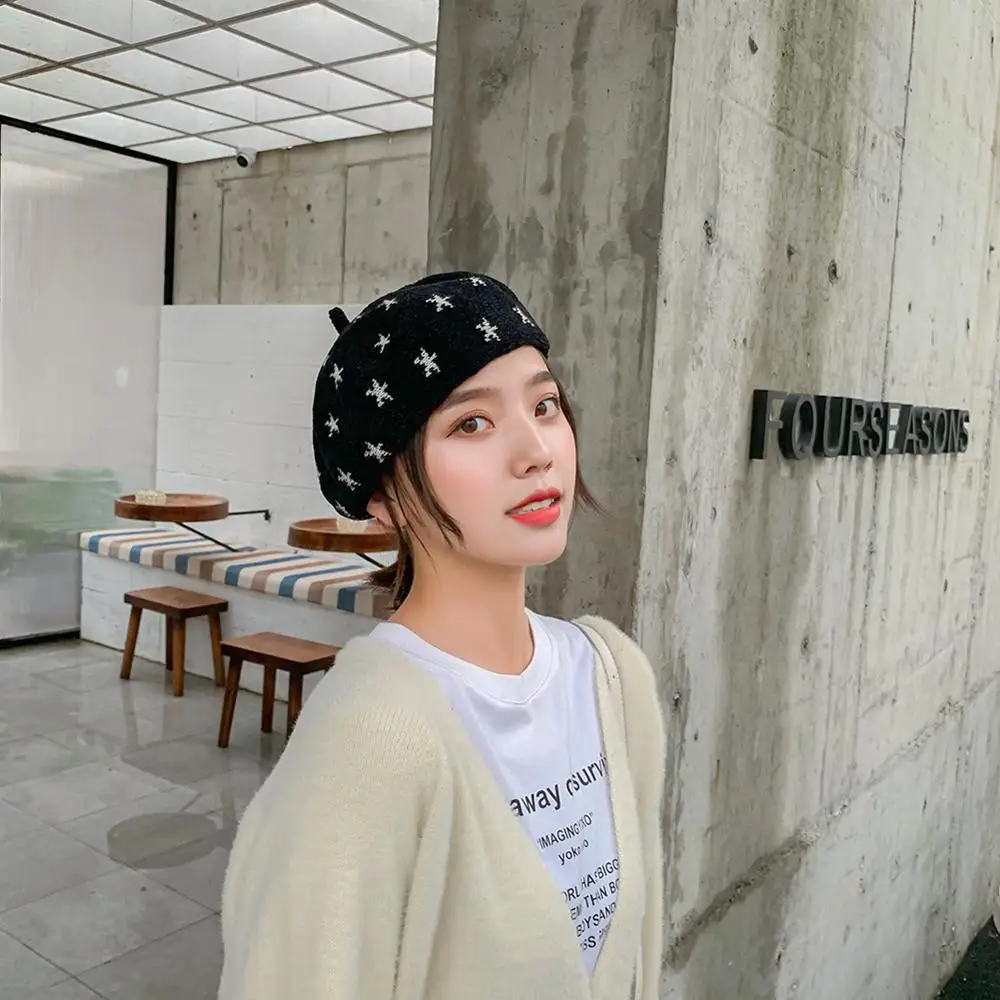 Вышивка звезды мода берет осень зима женский картина головной убор художника