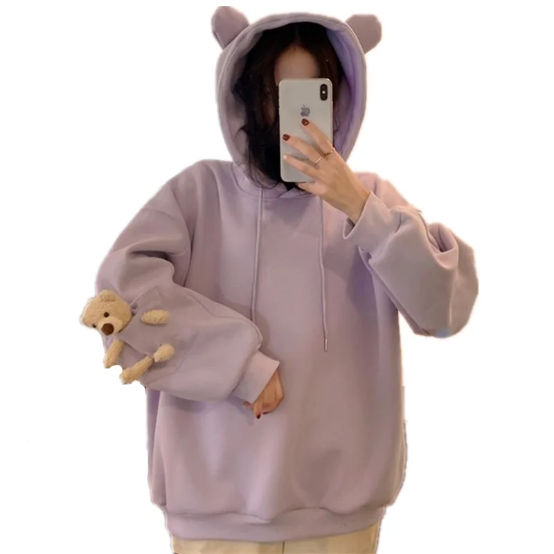 

Autumn Winter Women Cute Bear Ears Hooded Sweatshirt Casual Loose Drop Shoulder Long Sleeve Hoodies Plus Velvet Pullover Tops
