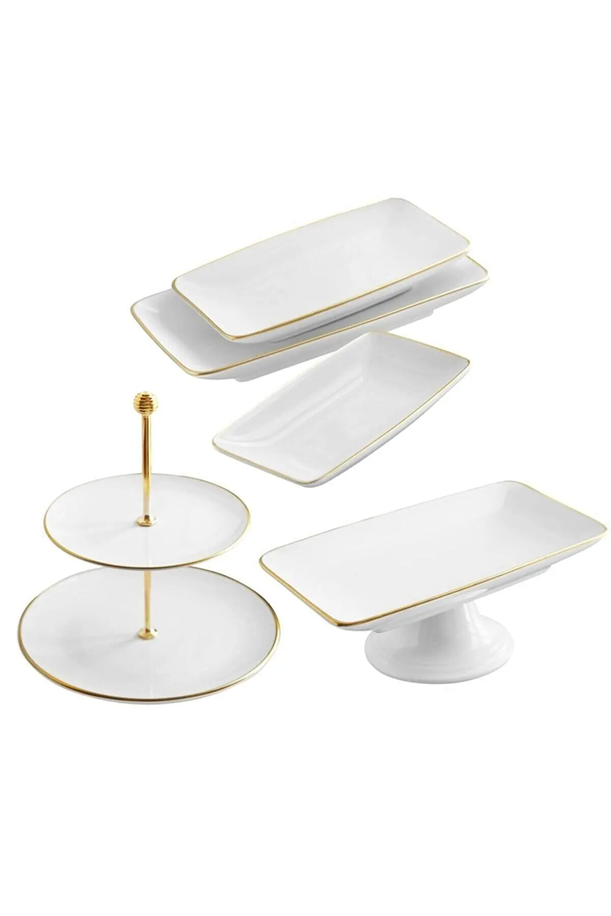 

5 piece White Gold Cake Serving Presenter Dowry Set Luxury Home Decoration Plate And Sunumluk Gold Ceramic Tray