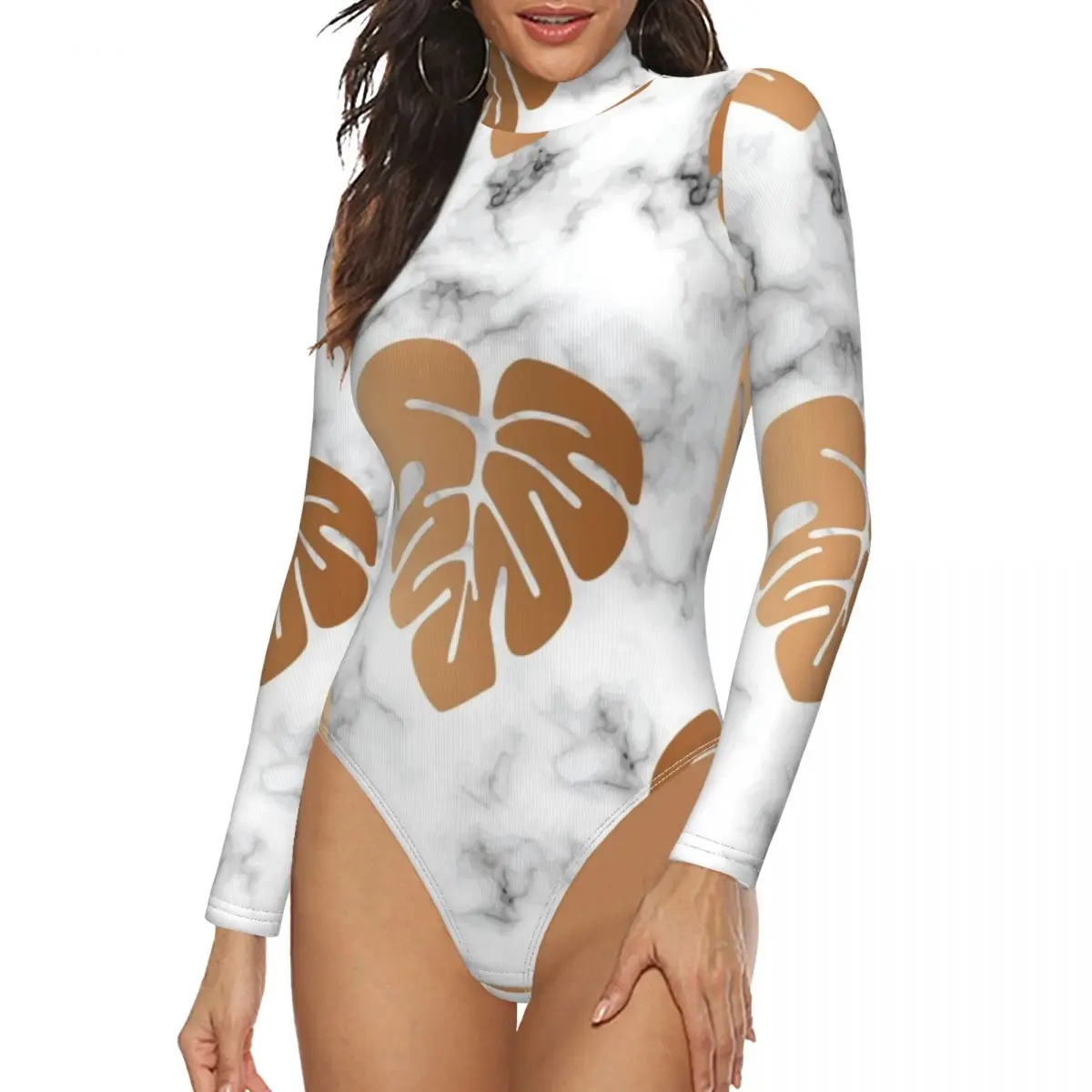 

Женский облегающий боди с мраморным принтом, весенний сексуальный Модный облегающий комбинезон с длинным рукавом и высоким воротником, топ...