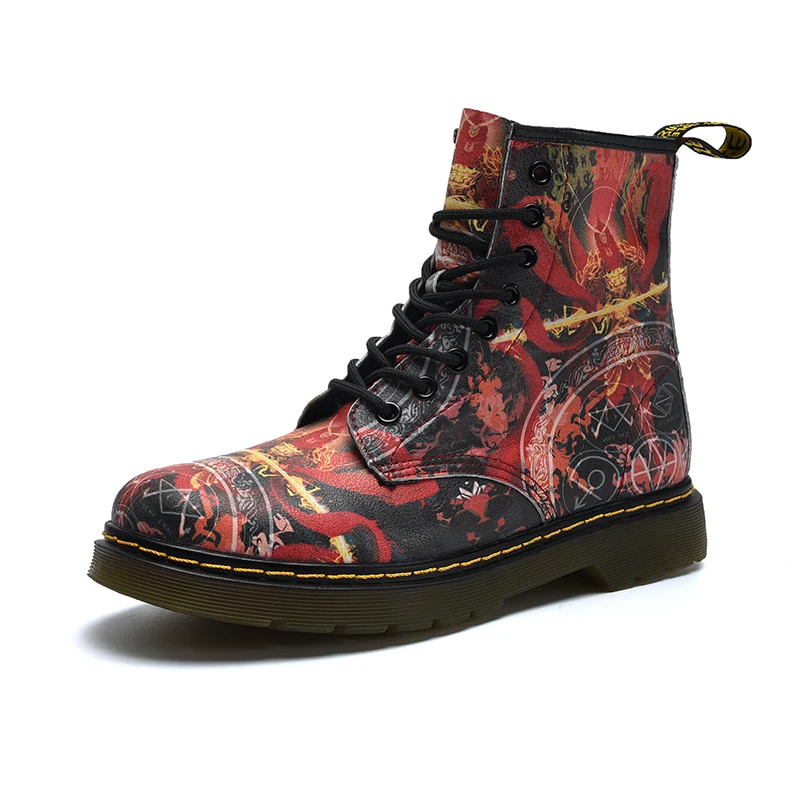 

Chinese Style Mural Graffiti Men Retro Martin Boots Platform Autumn Lace up Men Trend Boots Outdoor Hiking Shoes