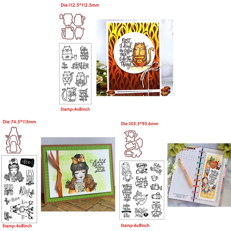 

Coffee Girl Cat Enjoy Time Warm Words Transparent Clear Silicone Stamp& Dies for DIY Scrapbooking/Photo Album Card Making