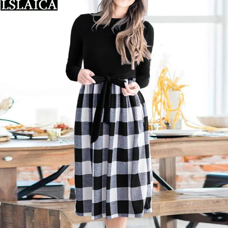 

Dress 2021 Elegant ONeck Long Sleeve Plaid Patchwork Ruched Lace-up Knitted Dress A-line Casual Fashion Party Dresses for Women