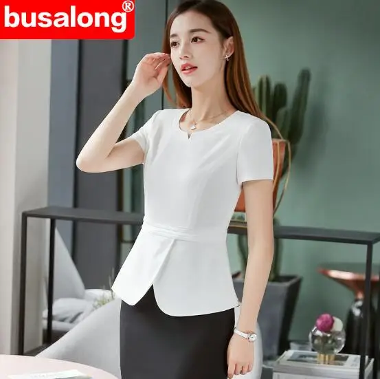 

2019 New Summer Short Sleeve white Women skirt suit two piece set for business office ladies work wear Ruffles Elegant Style