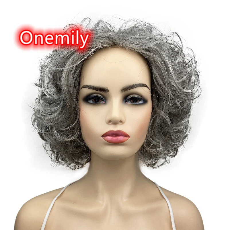 

Onemily Short Curly Heat Resistant Synthetic Hair Wigs for Women Girls with Bangs Party Evening Out Fun White Gray
