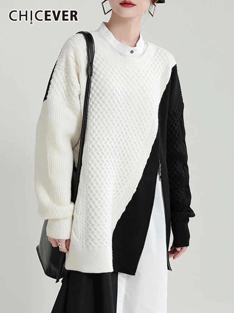 

CHICEVER Повседневный свободный свитер с разноцветными вставками, асимметричный свитер для женщин, круглый вырез, длинный рукав, модные свитер...