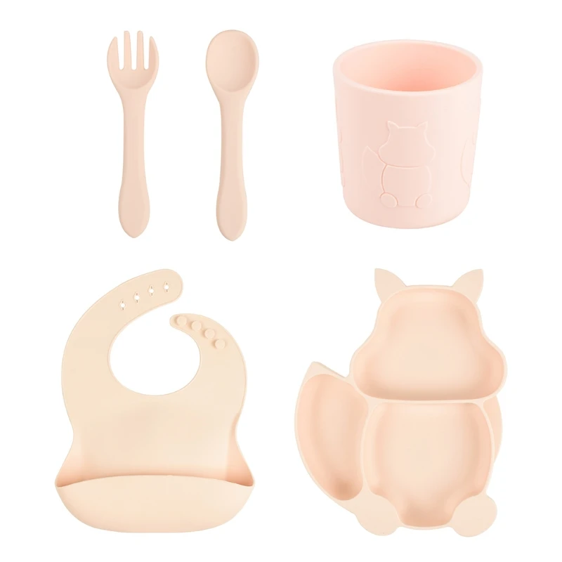 5 Pcs Baby Silicone Bib Divided Dinner Plate Spoon Fork Cup Set Training Feeding Food Utensil Dishes Tableware Kit for Newborn | Мать и