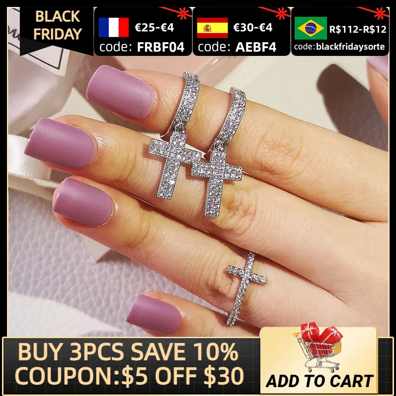 

2pcs Pack 925 Sterling Silver Cross Cut Zircon Jewelry Set Engagement Ring Stud Earring For Women Gift J6034