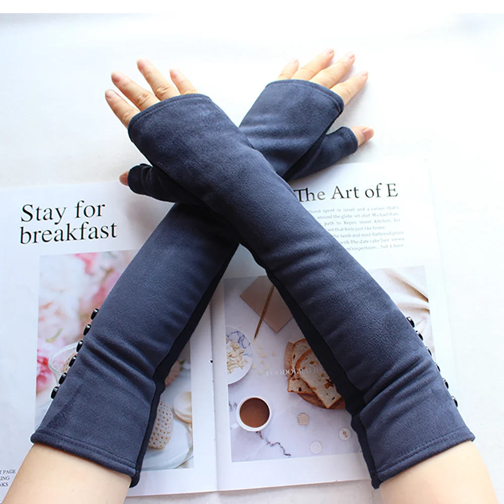 Женские длинные трикотажные перчатки 42 см Стильные теплые хлопковые замшевые с