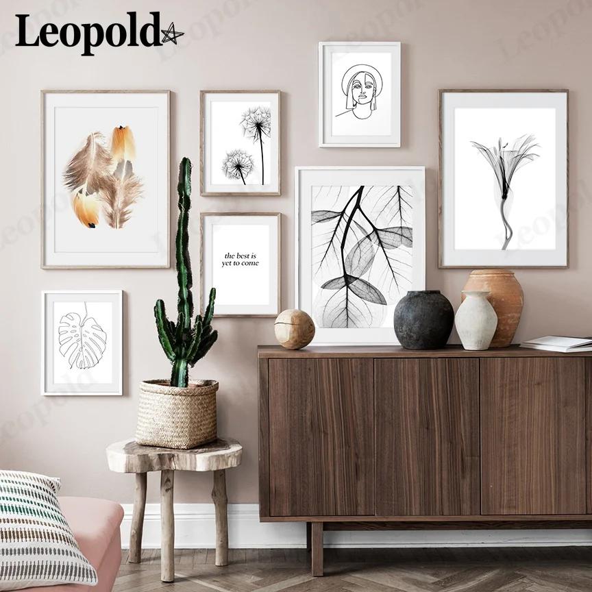 

Modern Abstract Girl Canvas Painting Simple Black and White Lines Dandelion Turtle Leaf Poster Wall Art Nordic Home Decoration