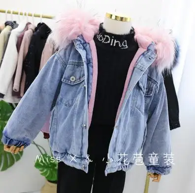 pink fur collar Коллекция года, зимние джинсовые утепленные куртки для девочек вельветовые пальто с кроличьим мехом теплая верхняя одежда для малышей Детская куртка Modis Y2101 - Цвет: pink fur collar