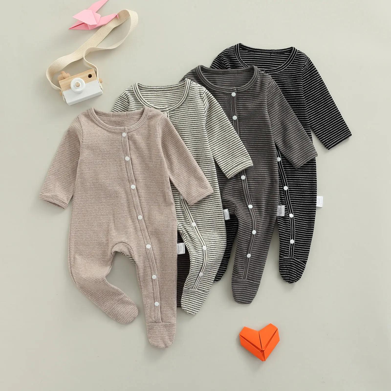 

Newborn Baby Girls Boys Rompers Overalls Autumn Footed Jumpsuit Toddler Casual Striped Long Sleeve Round Neck Jumpsuits