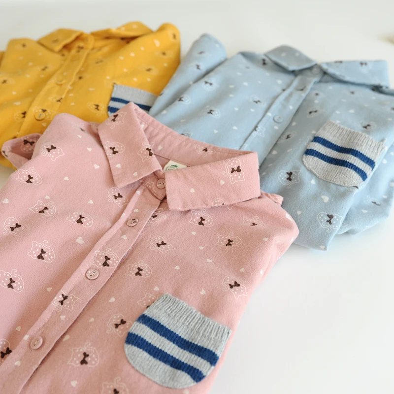 

2022 Spring New Japan Style Small Fresh Cat Print Striped Knitted Pocket Cotton Blue Long Sleeve Shirt for Women Mori Girl