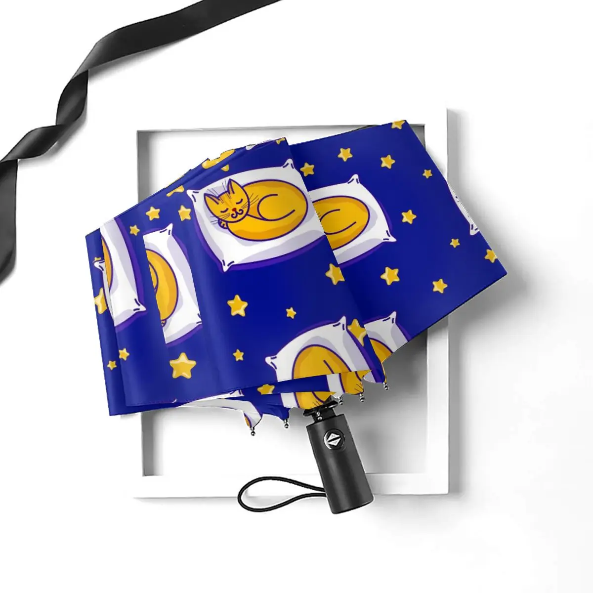 Offerte Ombrello Automatico Pioggia Donna Ombrello A Tre Pieghe Carino Dormire Zenzero Gatto E Stelle Ombrello Antivento Ombrellone Impermeabile