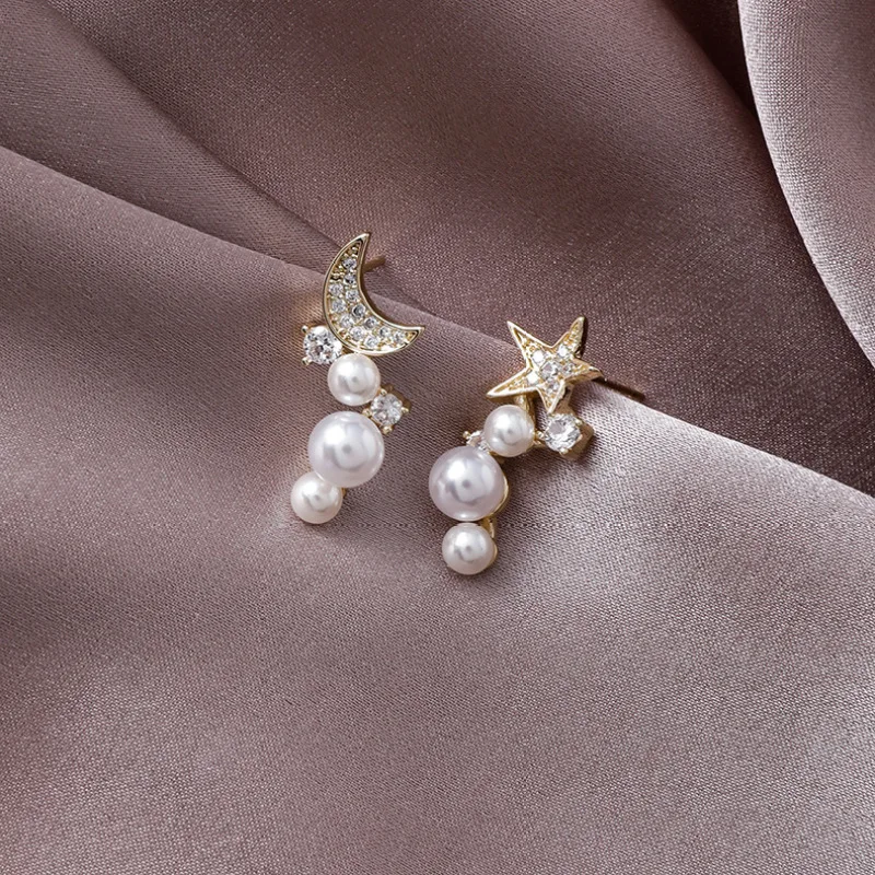 Real Gold Plated Cubic Zirconia Moon Star Pearls 925 Sterling Silver Stud Earrings for Women Girls Wedding Party Jewelry Gift | Украшения и