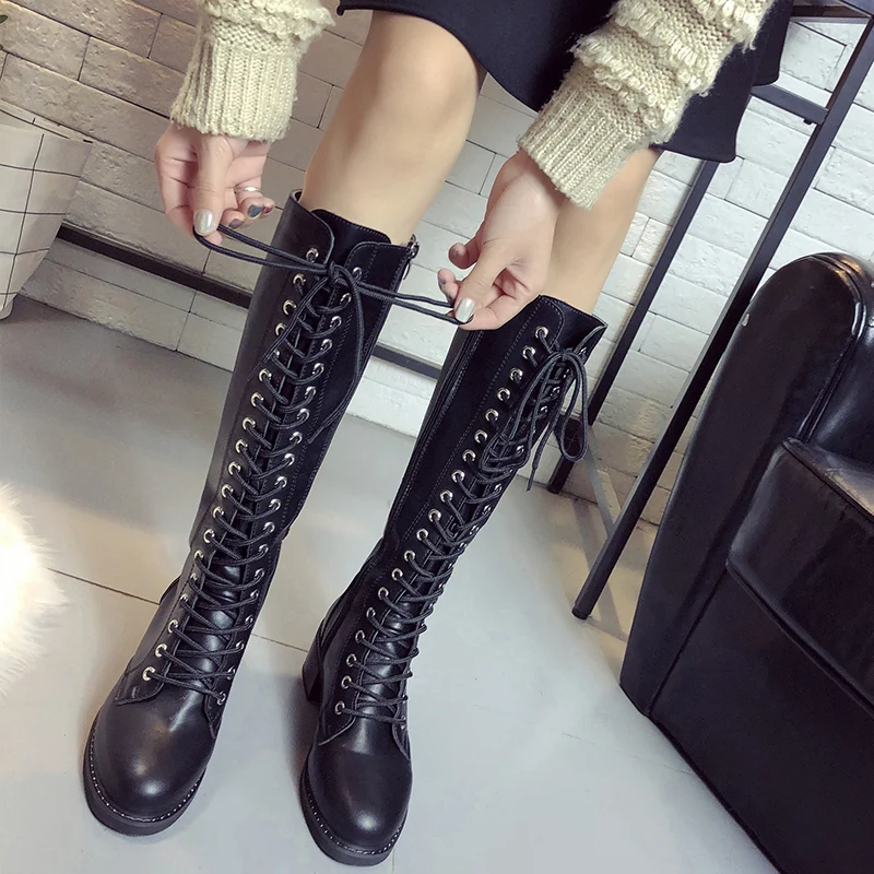 Черные высокие сапоги для верховой езды на шнуровке женская зимняя обувь 2019 г.