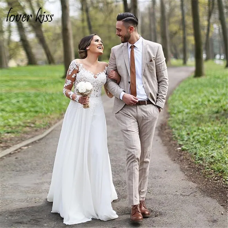 

Lover Kiss Vestido De Noiva Boho Wedding Dress Long Sleeve Sheer O-Neck Chiffon Lace Bridal Dress Weding Gowns Robe de Mariage