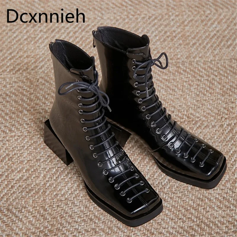 

Black new Autumn square heel chelsea boots women lace up zip genuine leather short boots for woman Retro motorcycle boots Mujer