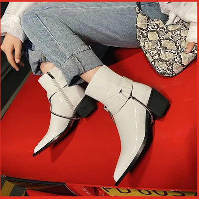 

Chain Martin Boots Woman New Genuine Leather Pointed Toe Square Heel Side Zipper Motorcycle Boots Handsome Ankle Shoes Winter