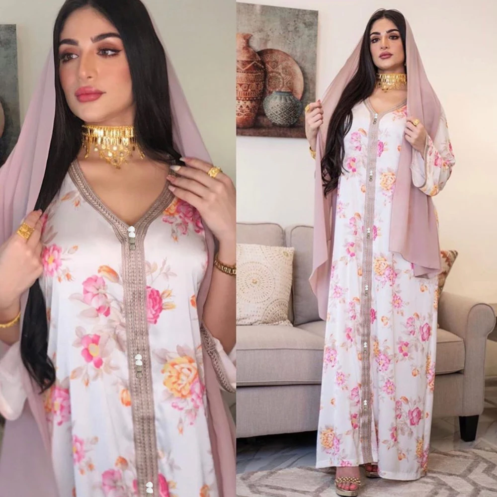 

AB080 Dropshipping Elegant Plus Size Dress White Flower Abaya 2021 Woman European Female Jalabiya Arabic Clothes World Apparel