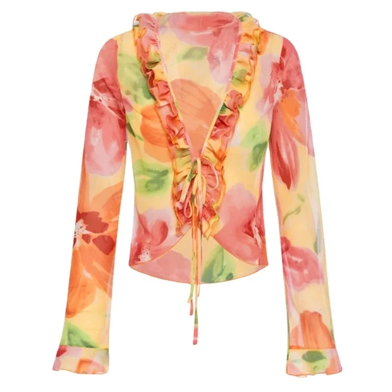 

2021 new long-sleeved sexy strappy printed V-neck Y2K chiffon shirt top women's ruffled summer spring leisure beach sexy T-shirt