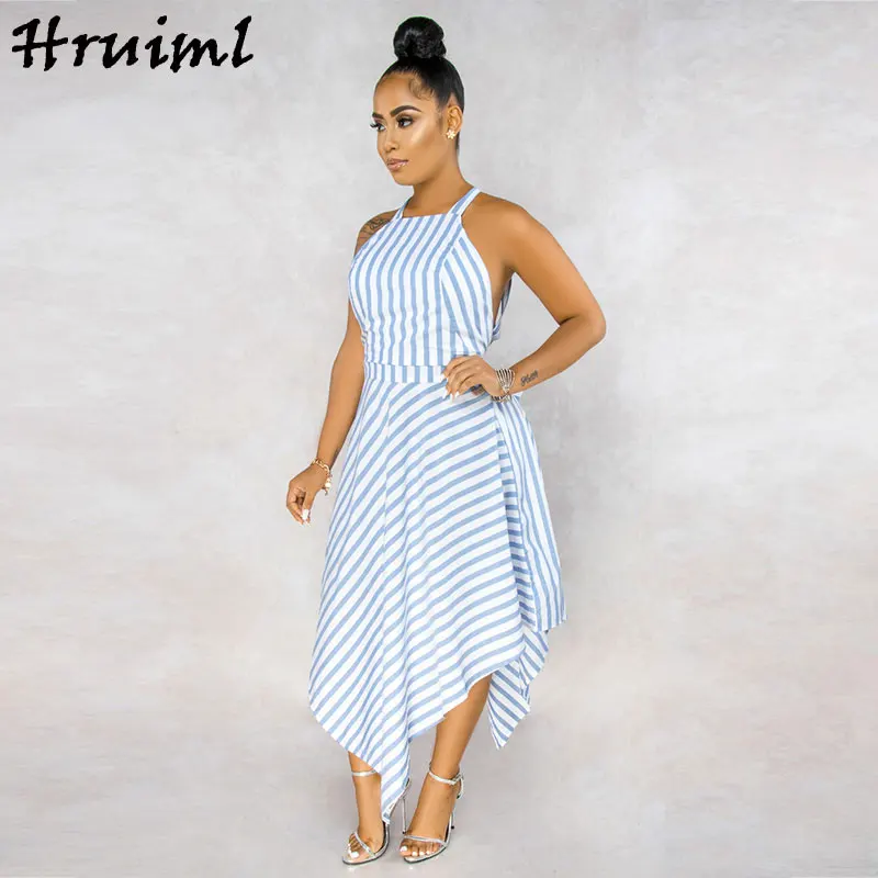 

Long Summer Dress Sleeveless Halter Backless Sexy Dresses Ladies Striped Print Casual Elegant Dress Summer Plus Size Clothing