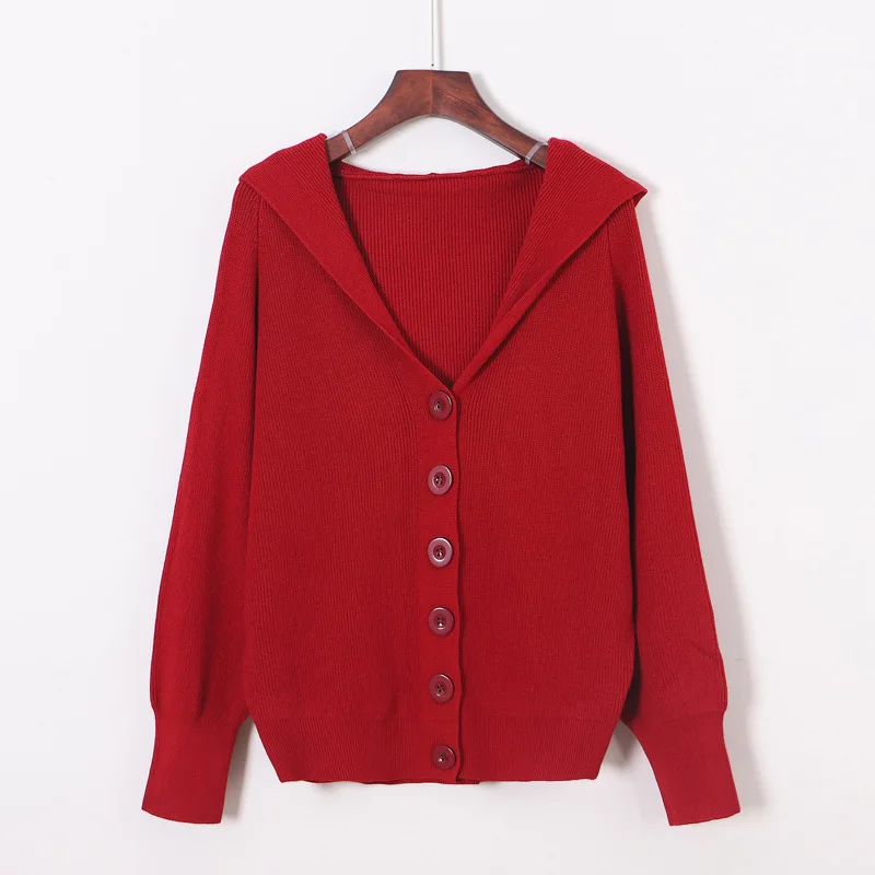 

V-neck Knitted Cardigan Women's Thick Hooded Red Sweater Girl Loose Autumn Cute Knitwear Women Long Sleeve Top Sweaters Ladies